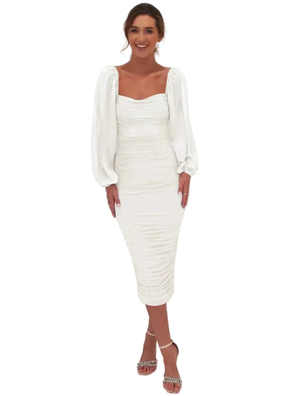 Robe midi à encolure carrée et manches longues ballon pour femme-Midi Dress-Gigié