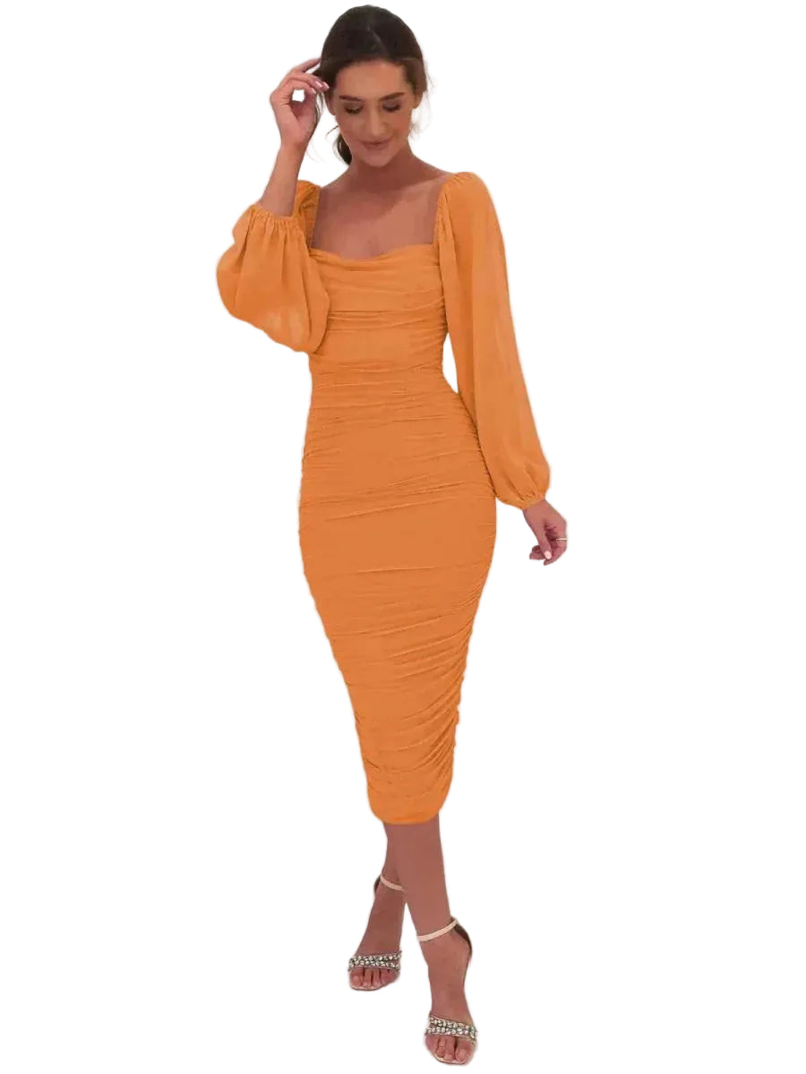 Robe midi à encolure carrée et manches longues ballon pour femme-Midi Dress-Gigié