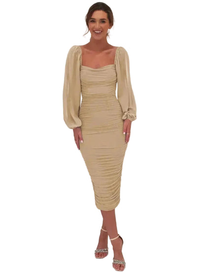 Robe midi à encolure carrée et manches longues ballon pour femme-Midi Dress-Gigié