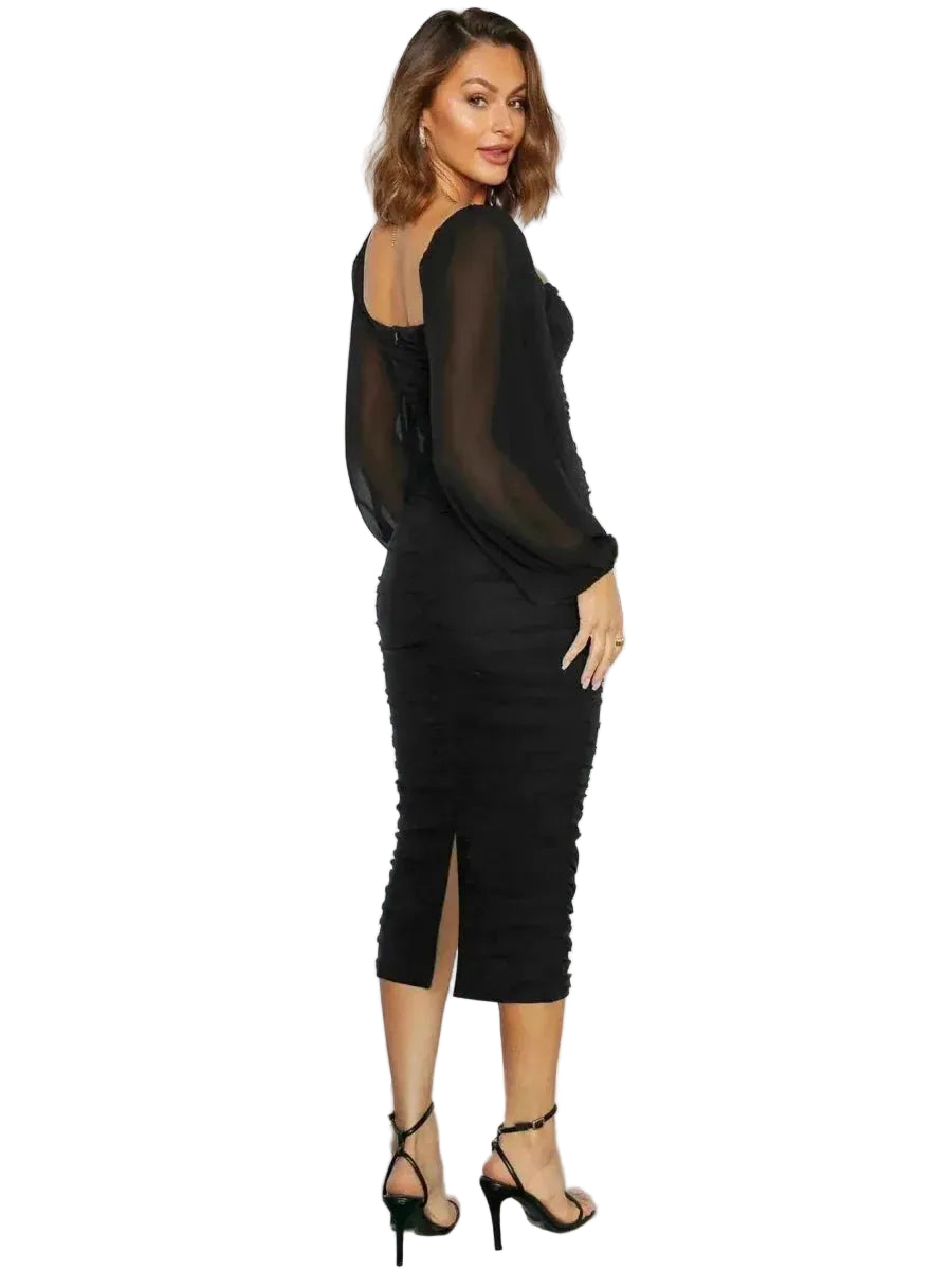 Robe midi à encolure carrée et manches longues ballon pour femme-Midi Dress-Gigié