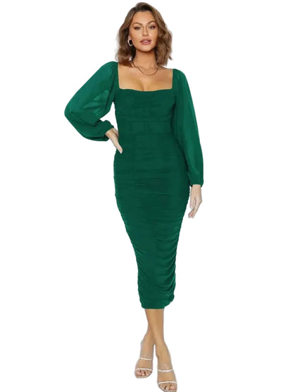 Robe midi à encolure carrée et manches longues ballon pour femme-Midi Dress-Gigié