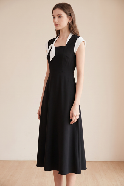 Robe midi à encolure carrée pour femme avec nœud contrastant 2