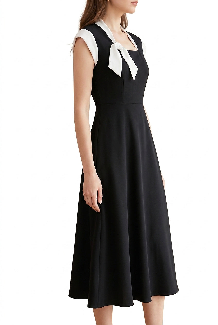 Robe midi à encolure carrée pour femme avec nœud contrastant 1