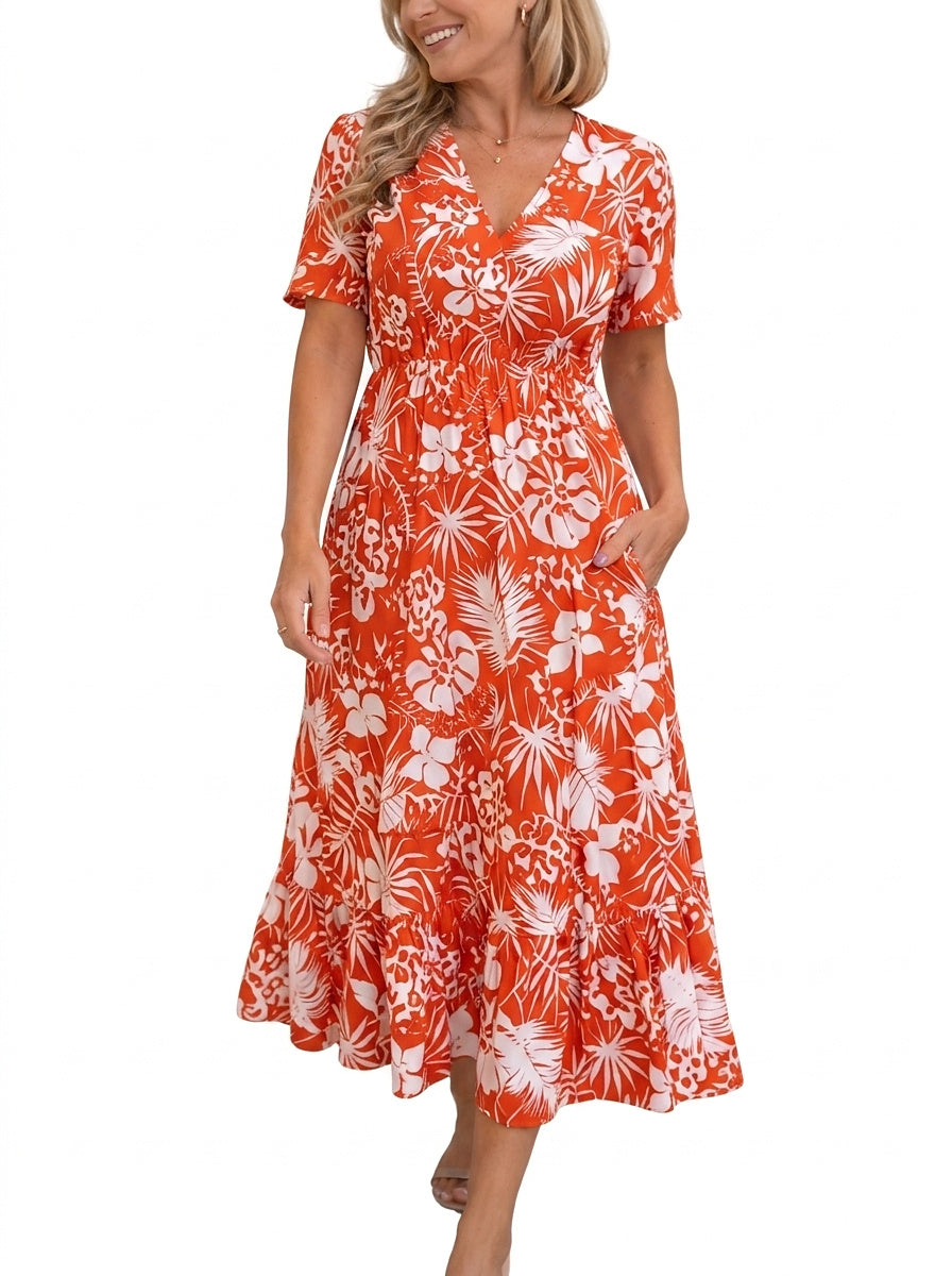 Robe midi à imprimé floral pour femme avec col en V 1