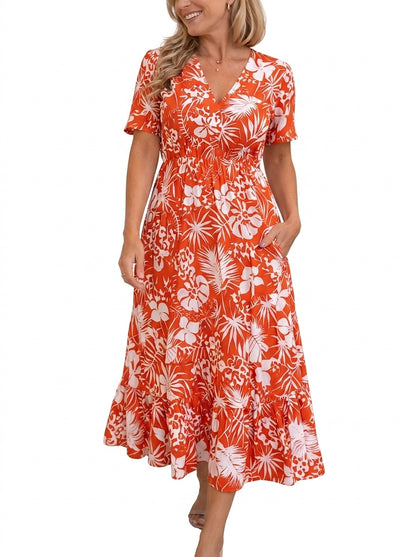 Robe midi à imprimé floral pour femme avec col en V 1