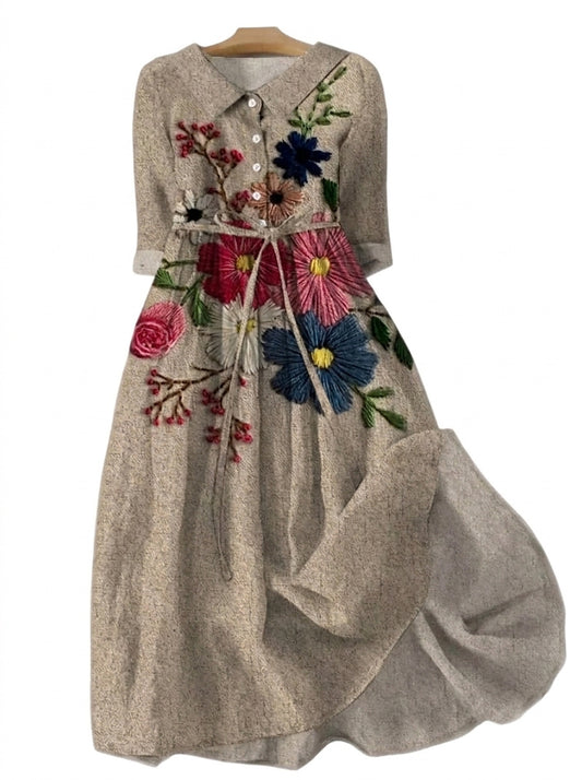 Robe midi boutonnée à broderies florales pour femme 2