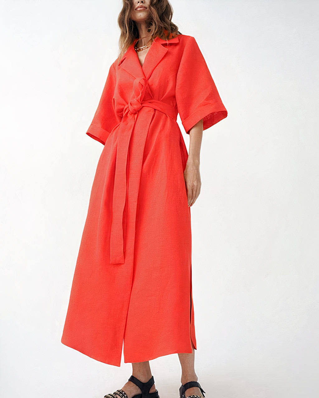 Robe Midi Cache-Cœur avec Col à Revers pour femme, Manches Larges et Ceinture à Nouer-Midi Dress-Gigié
