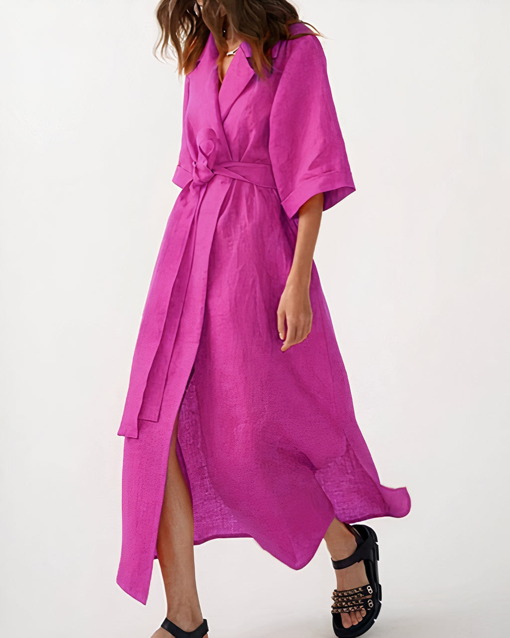 Robe Midi Cache-Cœur avec Col à Revers pour femme, Manches Larges et Ceinture à Nouer-Midi Dress-Gigié