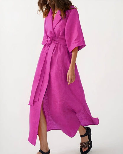 Robe Midi Cache-Cœur avec Col à Revers pour femme, Manches Larges et Ceinture à Nouer-Midi Dress-Gigié