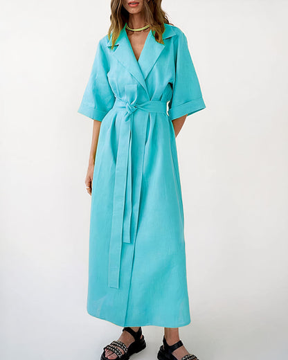 Robe Midi Cache-Cœur avec Col à Revers pour femme, Manches Larges et Ceinture à Nouer-Midi Dress-Gigié