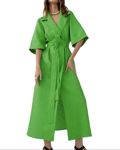 Robe Midi Cache-Cœur avec Col à Revers pour femme, Manches Larges et Ceinture à Nouer-Midi Dress-Gigié