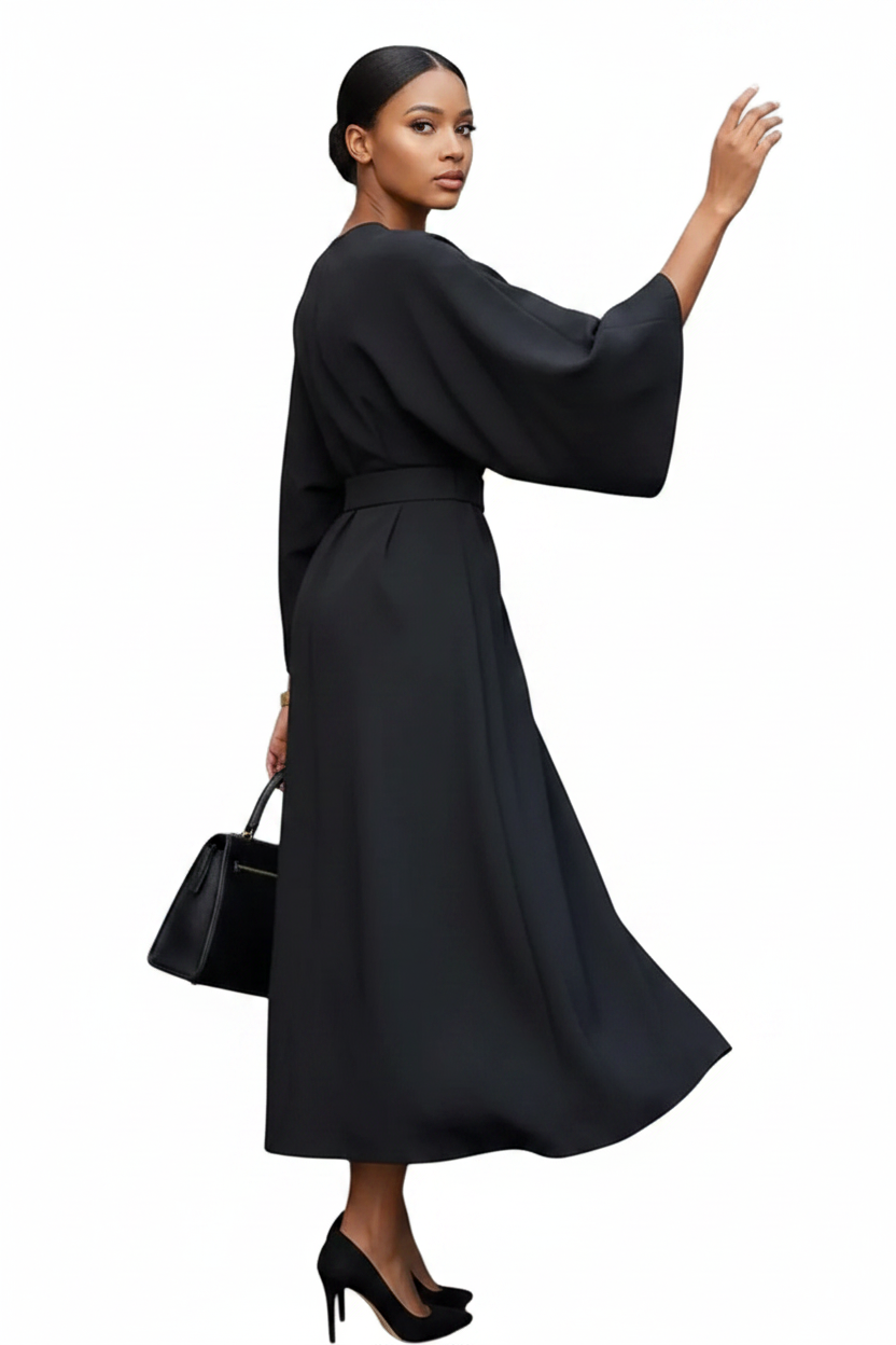 Robe Midi Ceinturée à Manches Amples pour femmes-Midi Dress-Gigié