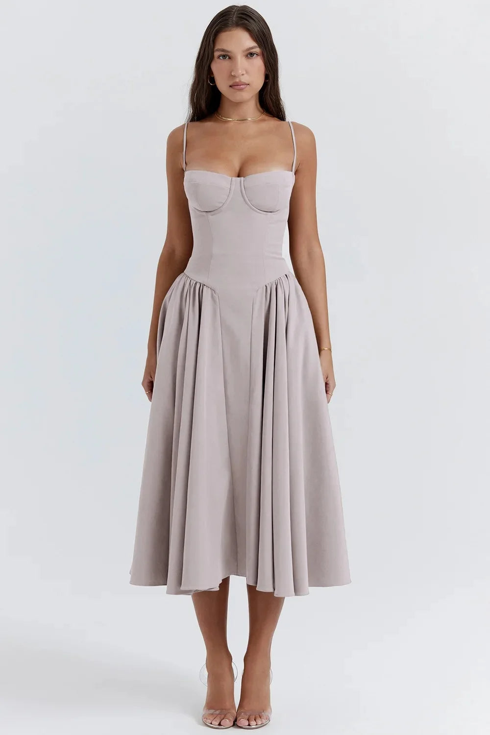 Robe midi femme à bretelles avec haut structuré-Midi Dress-Gigié
