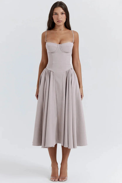 Robe midi femme à bretelles avec haut structuré-Midi Dress-Gigié