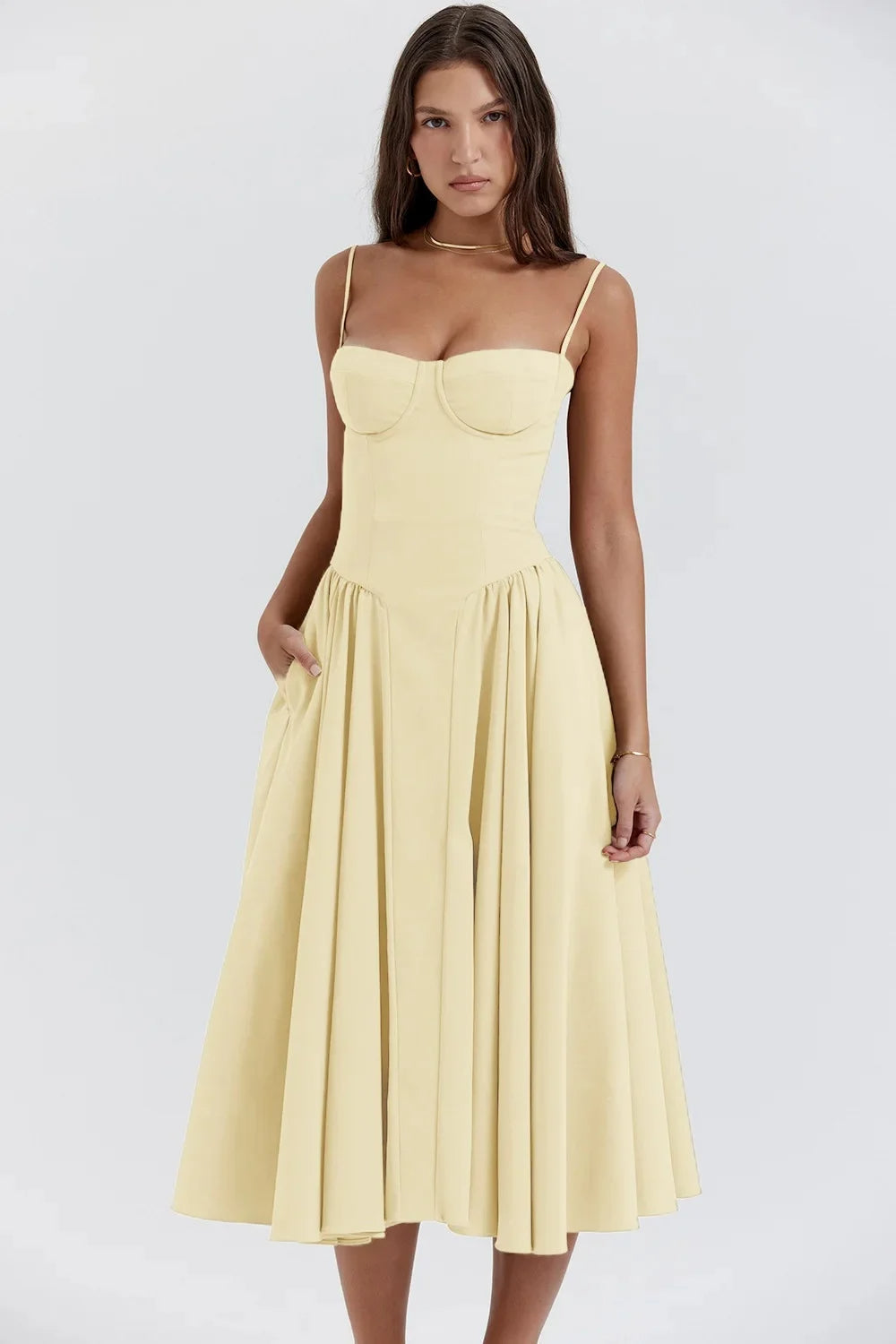 Robe midi femme à bretelles avec haut structuré-Midi Dress-Gigié