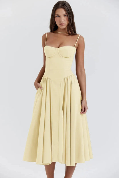 Robe midi femme à bretelles avec haut structuré-Midi Dress-Gigié