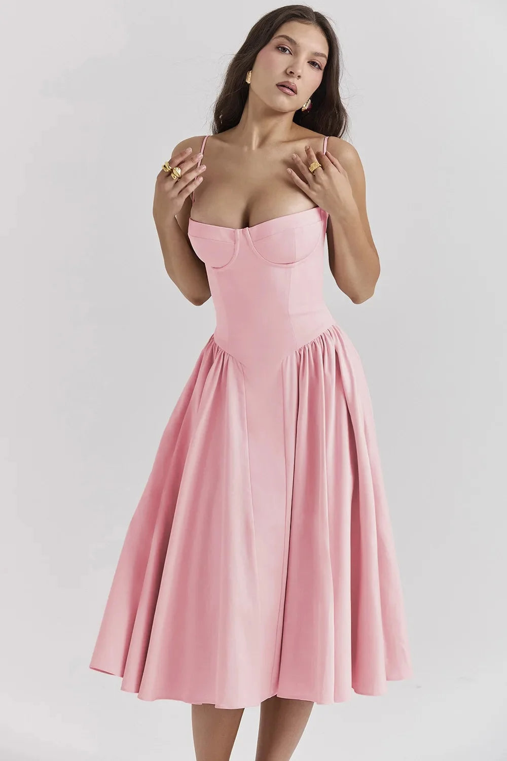 Robe midi femme à bretelles avec haut structuré-Midi Dress-Gigié