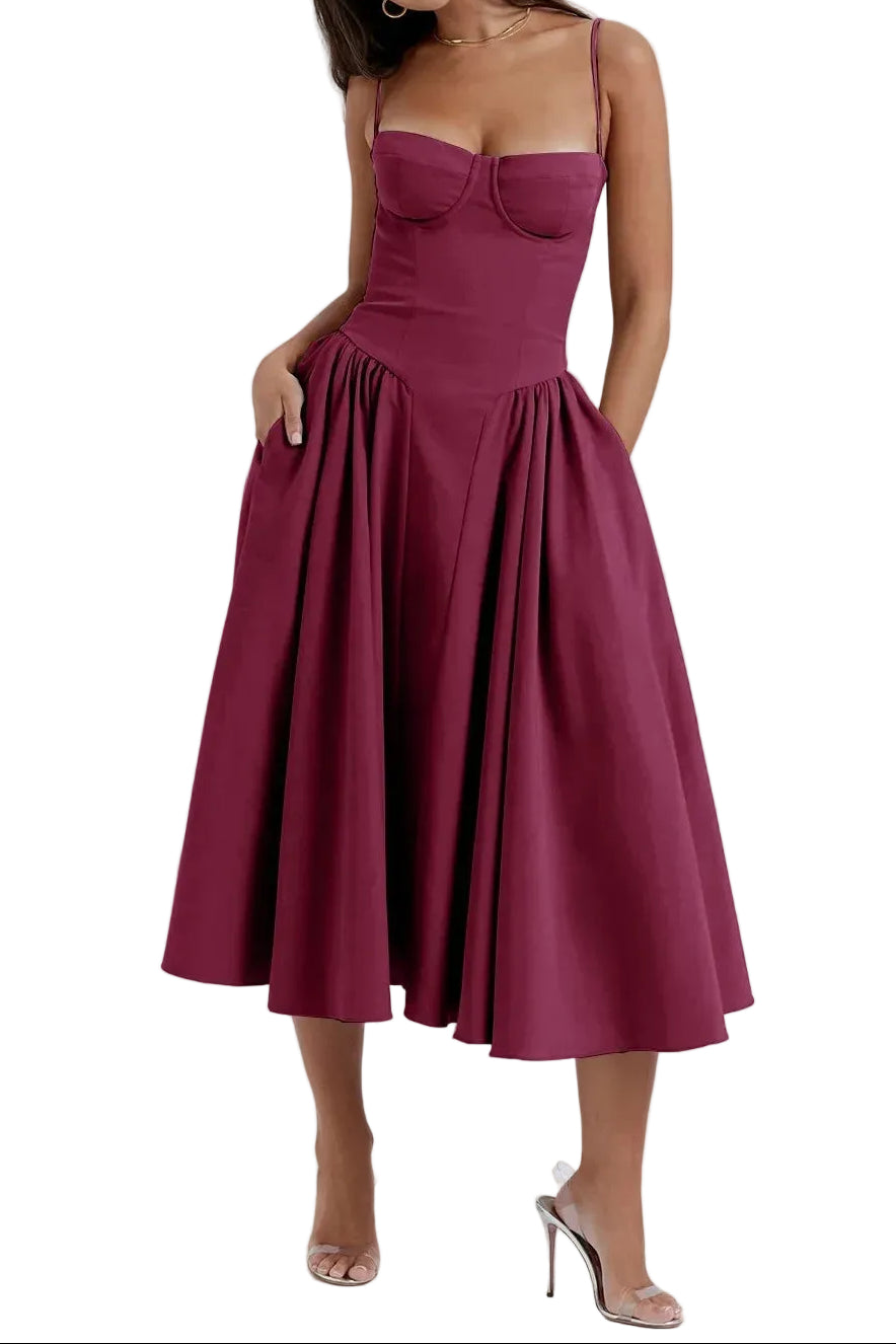 Robe midi femme à bretelles avec haut structuré-Midi Dress-Gigié