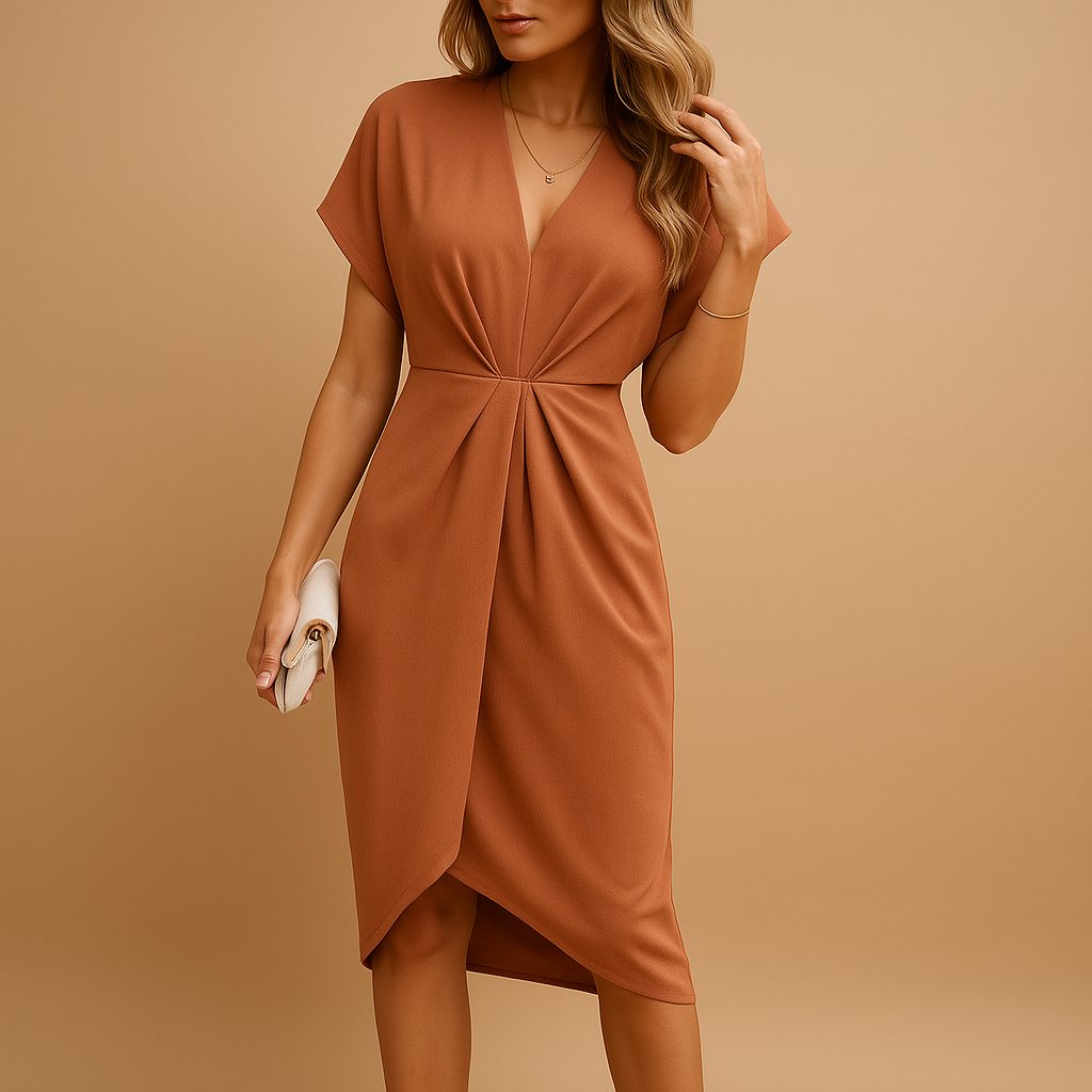 Robe midi femme à encolure en V, manches courtes et taille froncée-Midi Dress-Gigié