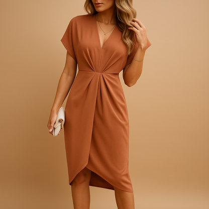 Robe midi femme à encolure en V, manches courtes et taille froncée-Midi Dress-Gigié