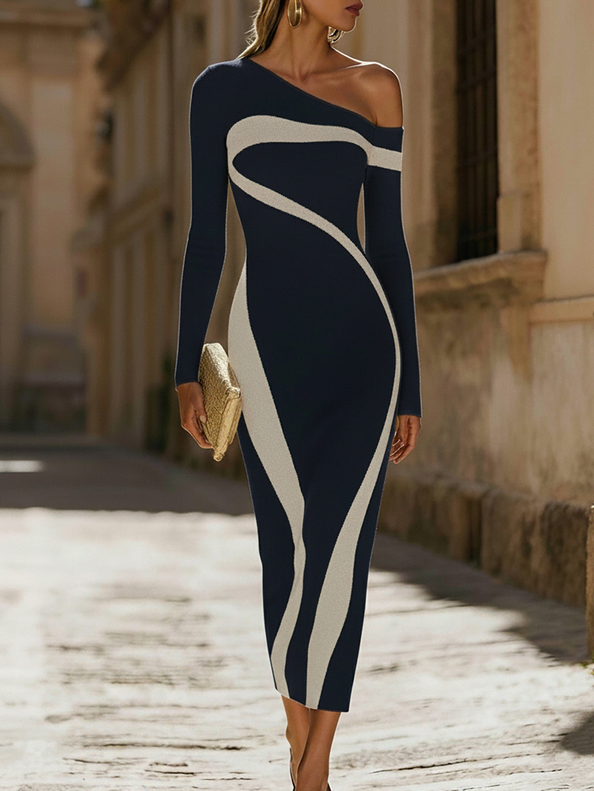 Robe Midi Femme à Épaule Unique avec Manches Longues et Panneaux Structurés-Midi Dress-Gigié