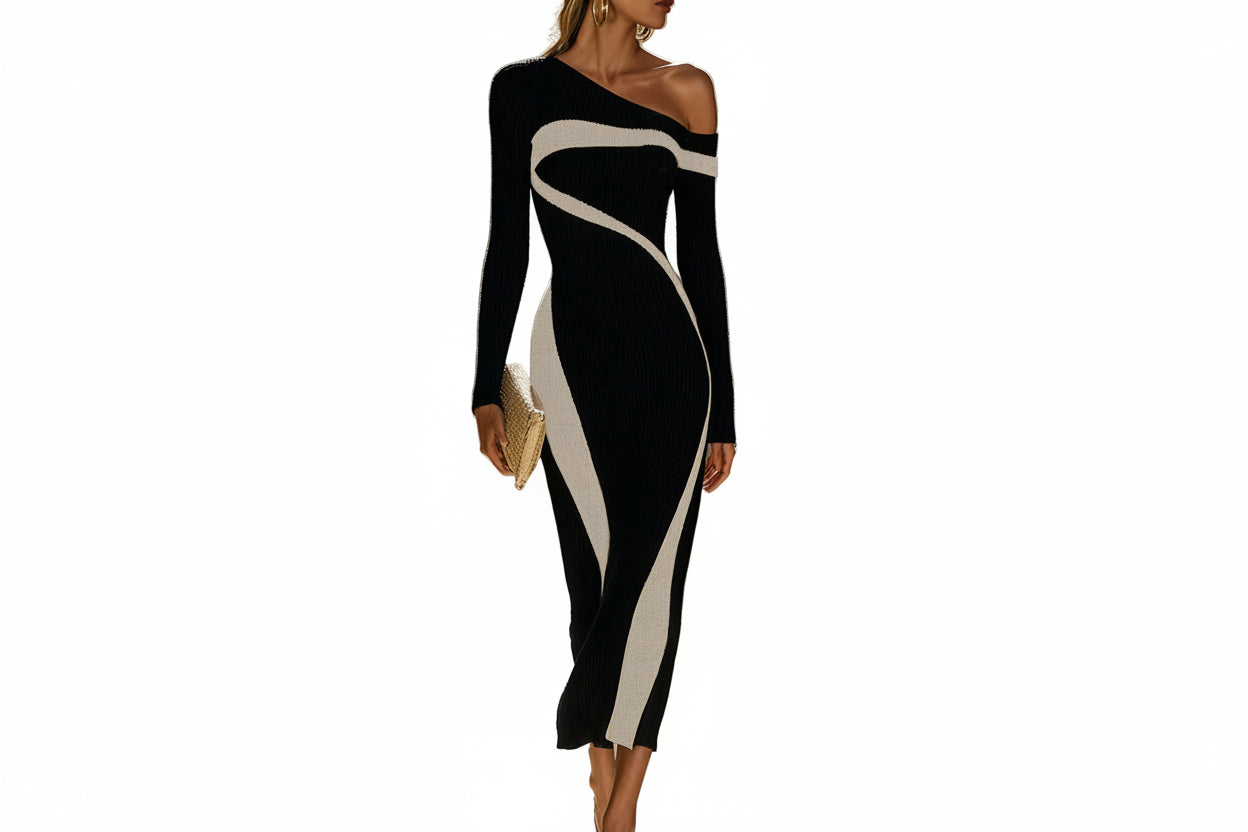 Robe Midi Femme à Épaule Unique avec Manches Longues et Panneaux Structurés-Midi Dress-Gigié