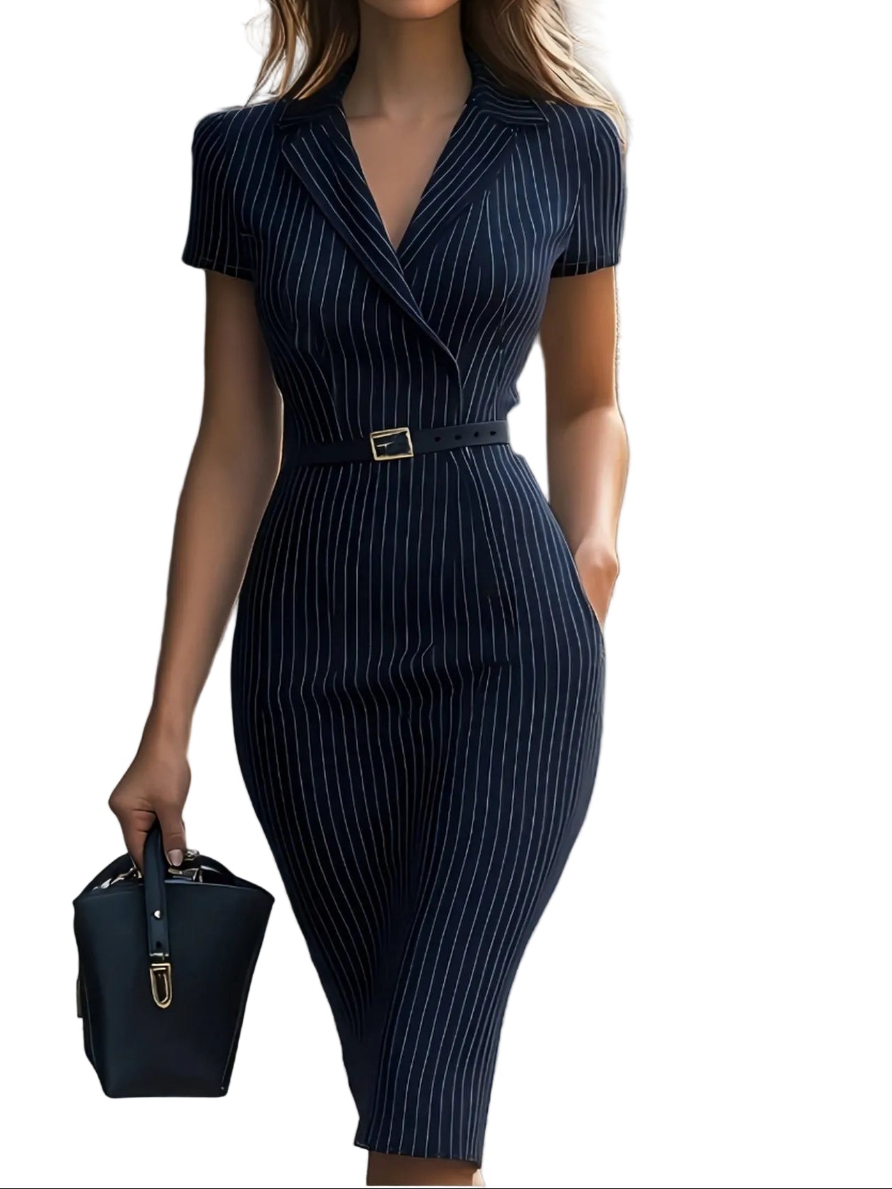 Robe Midi Femme à Manches Courtes avec Col, Encolure en V et Ceinture-Midi Dress-Gigié