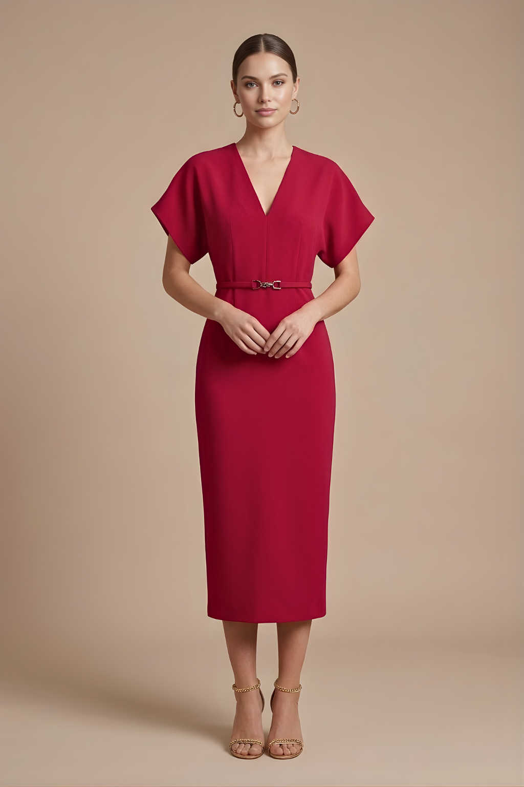Robe Midi Femme à Manches Courtes avec Encolure en V et Ceinture-Midi Dress-Gigié