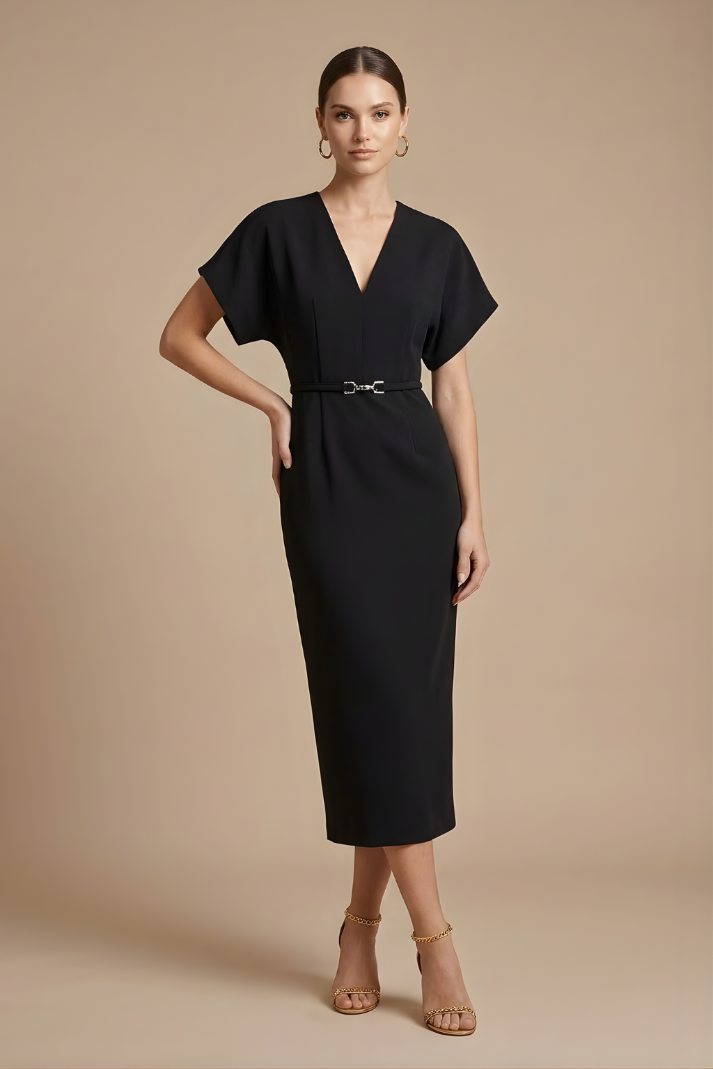 Robe Midi Femme à Manches Courtes avec Encolure en V et Ceinture-Midi Dress-Gigié