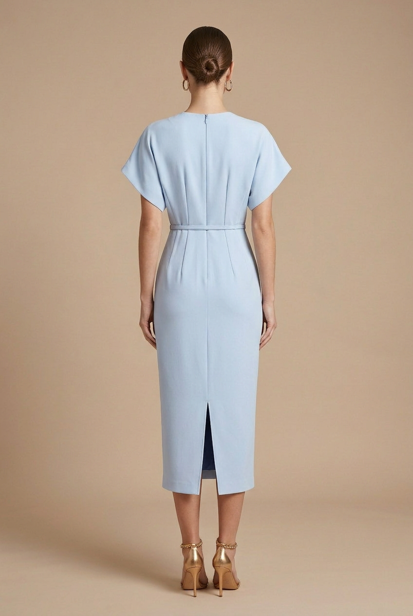 Robe Midi Femme à Manches Courtes avec Encolure en V et Ceinture-Midi Dress-Gigié
