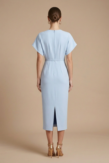 Robe Midi Femme à Manches Courtes avec Encolure en V et Ceinture-Midi Dress-Gigié