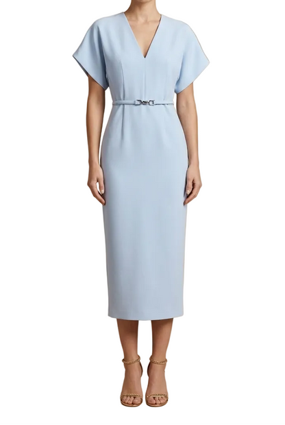 Robe Midi Femme à Manches Courtes avec Encolure en V et Ceinture-Midi Dress-Gigié