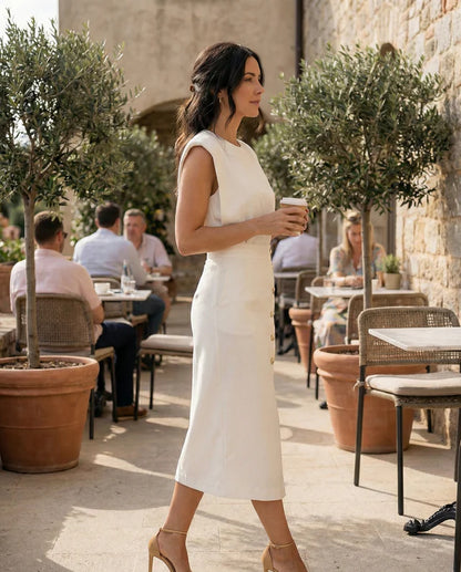 Robe Midi Femme avec Boutons et Fente Frontale-Midi Dress-Gigié