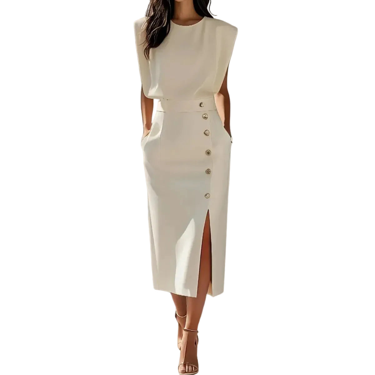 Robe Midi Femme avec Boutons et Fente Frontale-Midi Dress-Gigié