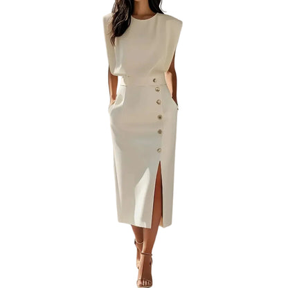 Robe Midi Femme avec Boutons et Fente Frontale-Midi Dress-Gigié