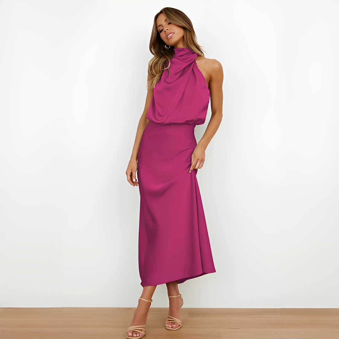 Robe midi femme avec col montant et haut drapé-Midi Dress-Gigié