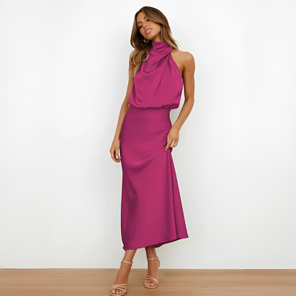 Robe midi femme avec col montant et haut drapé-Midi Dress-Gigié