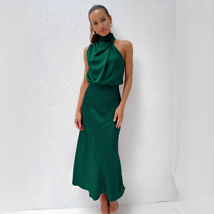 Robe midi femme avec col montant et haut drapé-Midi Dress-Gigié