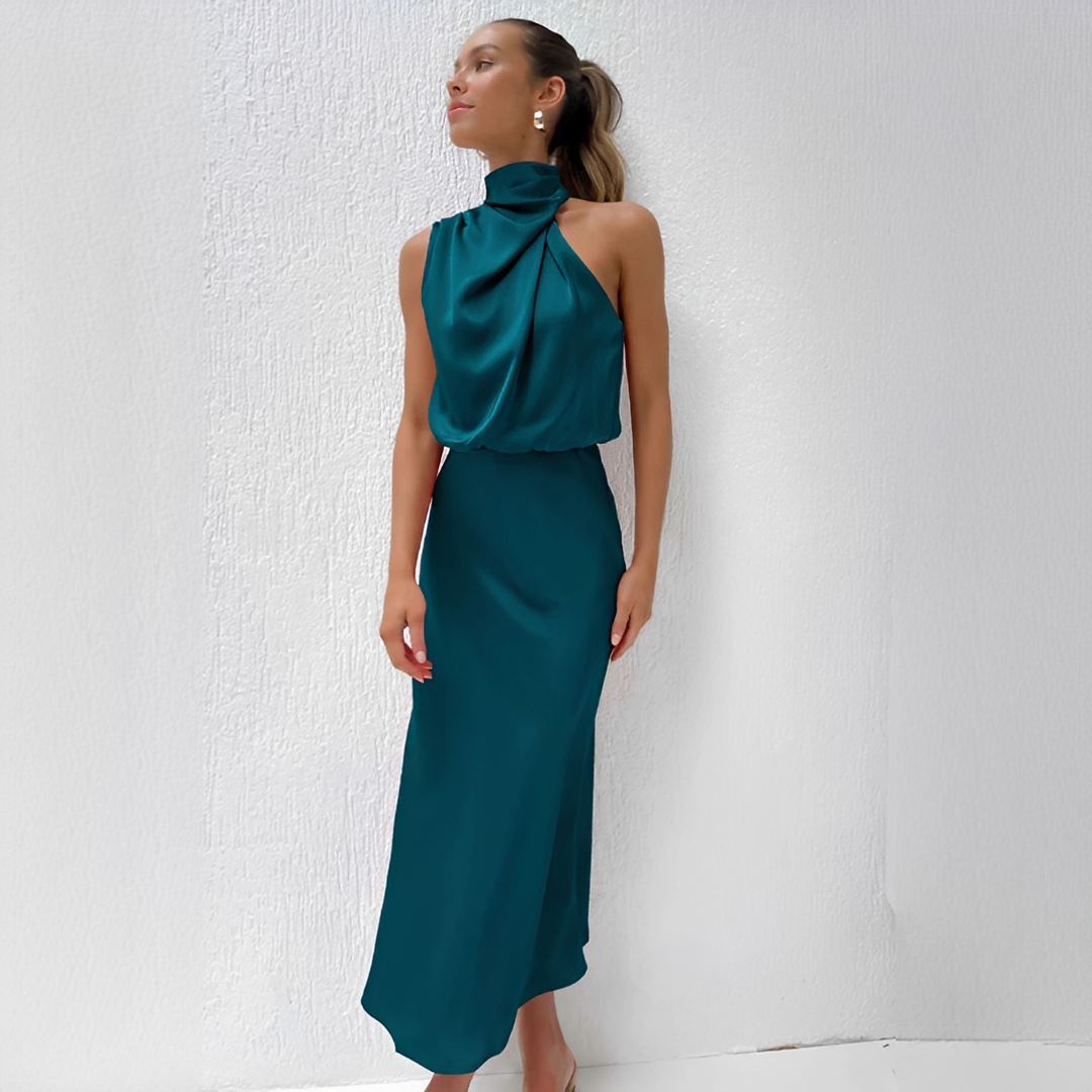Robe midi femme avec col montant et haut drapé-Midi Dress-Gigié