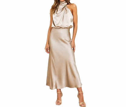 Robe midi femme avec col montant et haut drapé-Midi Dress-Gigié