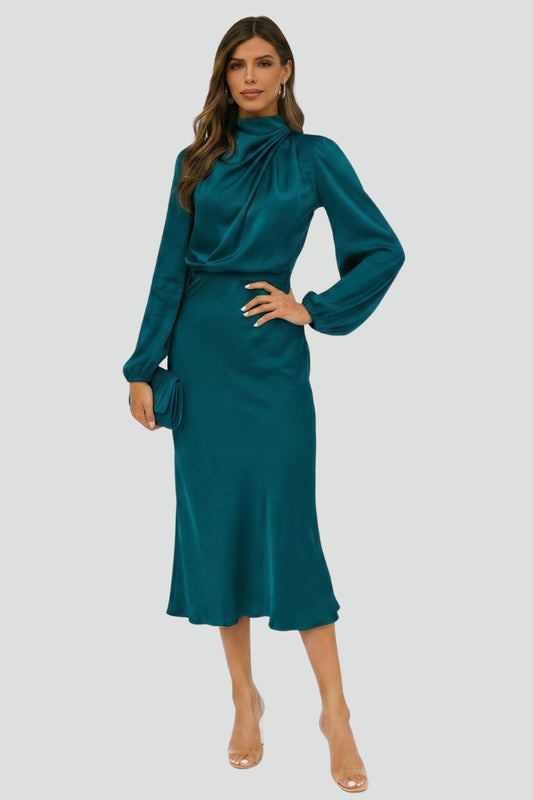 Robe midi femme avec col montant et manches longues-Midi Dress-Gigié