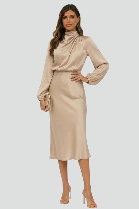 Robe midi femme avec col montant et manches longues-Midi Dress-Gigié