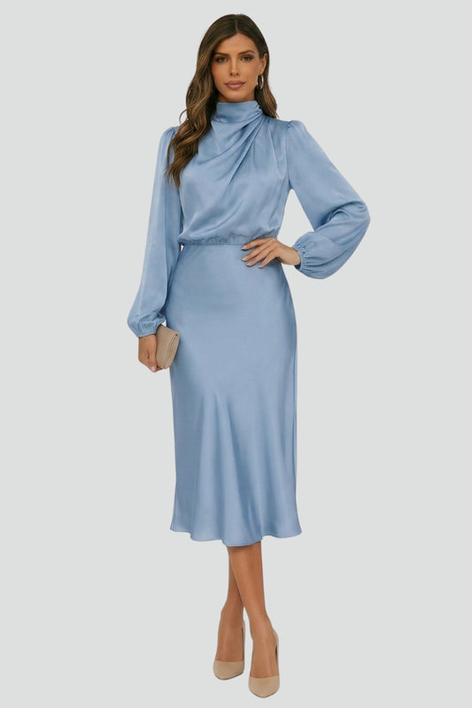 Robe midi femme avec col montant et manches longues-Midi Dress-Gigié
