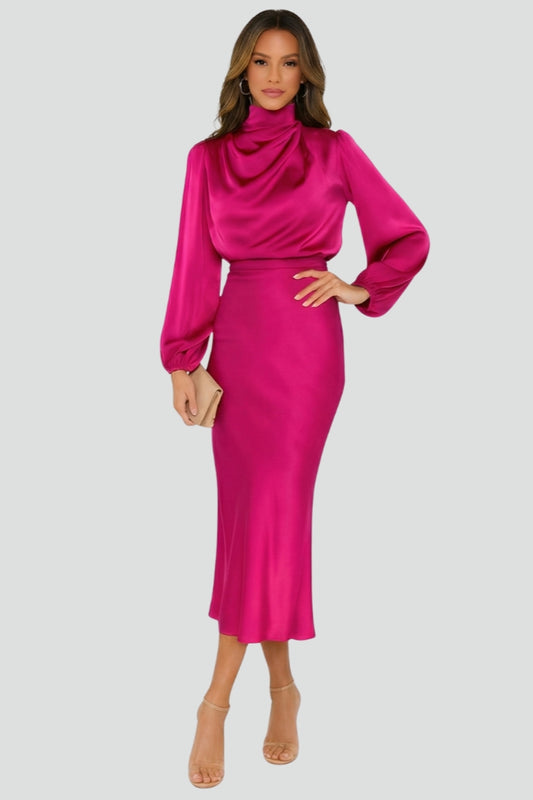 Robe midi femme avec col montant et manches longues-Midi Dress-Gigié