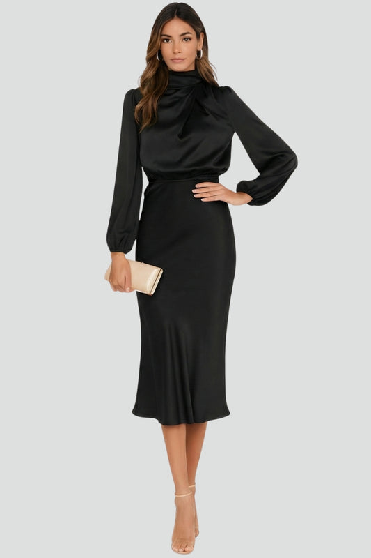 Robe midi femme avec col montant et manches longues-Midi Dress-Gigié