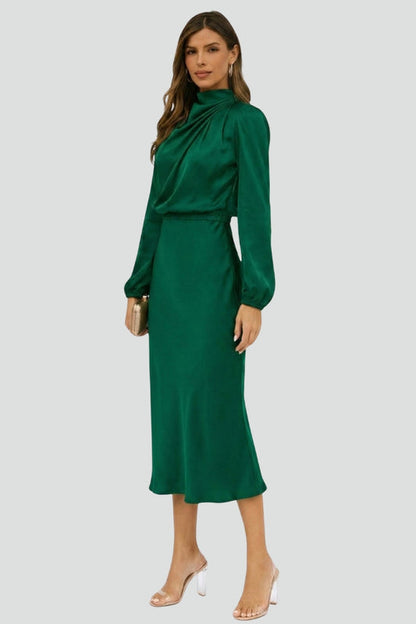 Robe midi femme avec col montant et manches longues-Midi Dress-Gigié