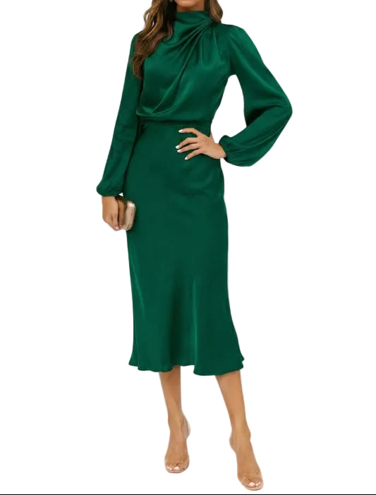 Robe midi femme avec col montant et manches longues-Midi Dress-Gigié