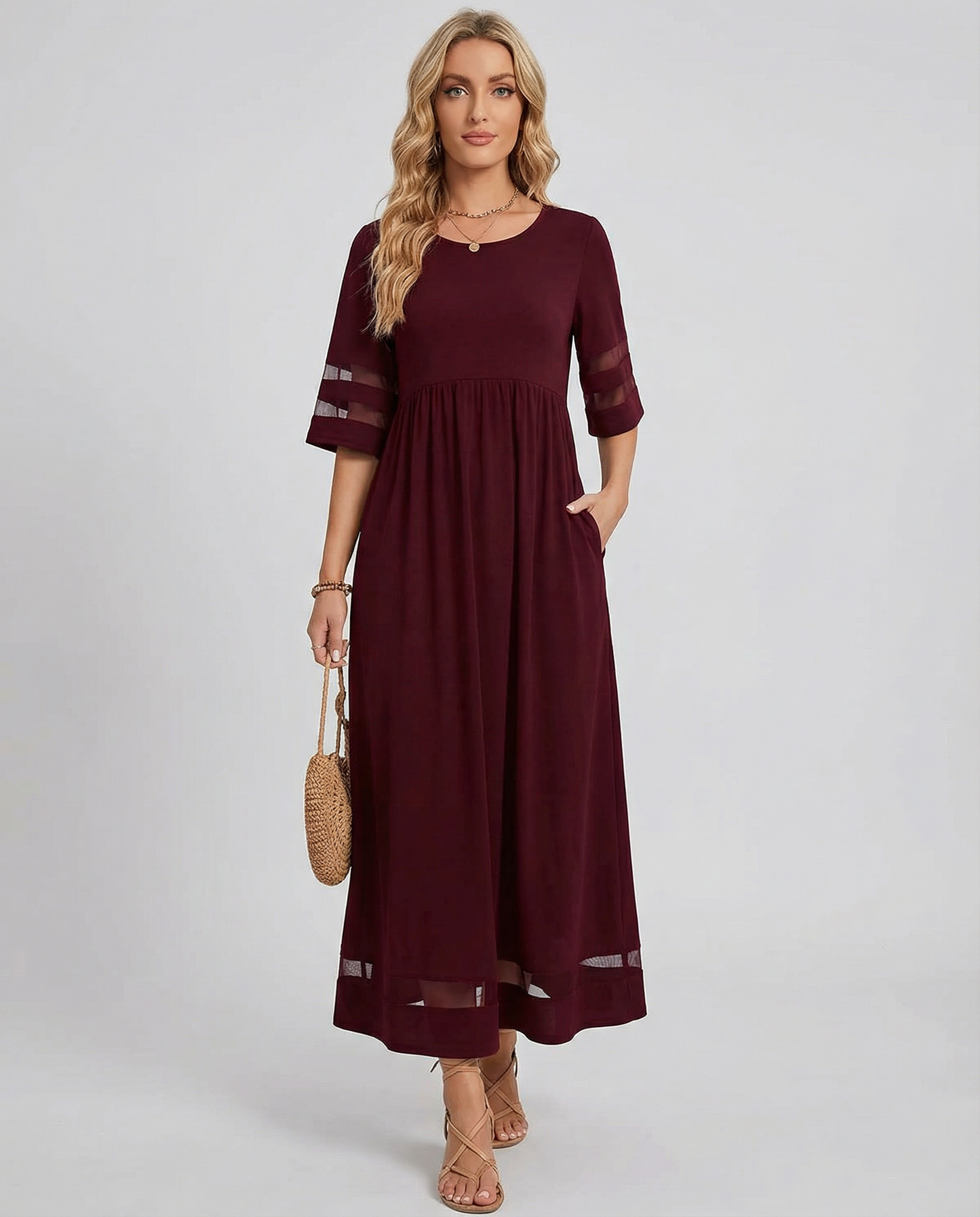 Robe midi femme avec col rond et manches mi-longues-Maxi Dress-Gigié