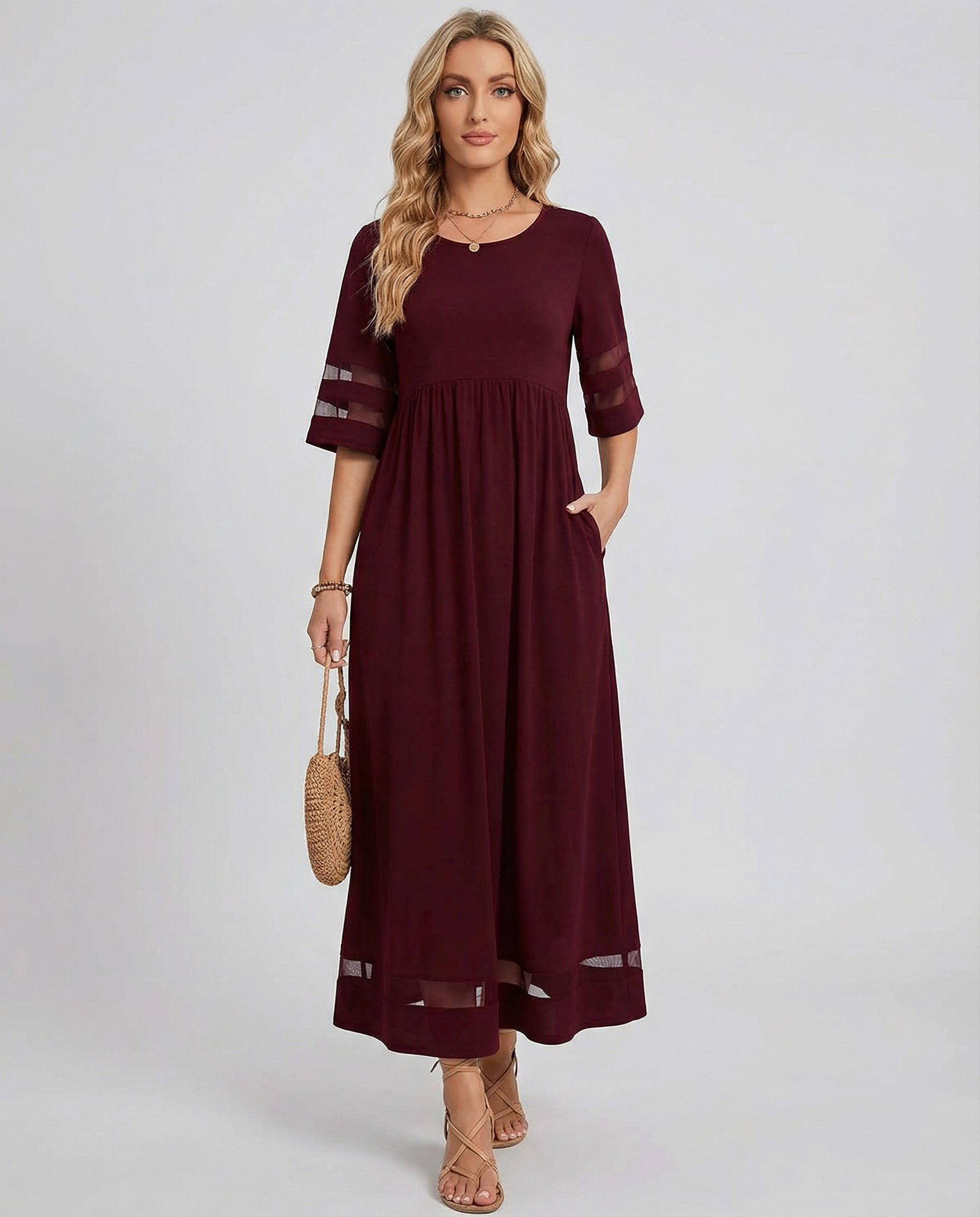 Robe midi femme avec col rond et manches mi-longues-Maxi Dress-Gigié