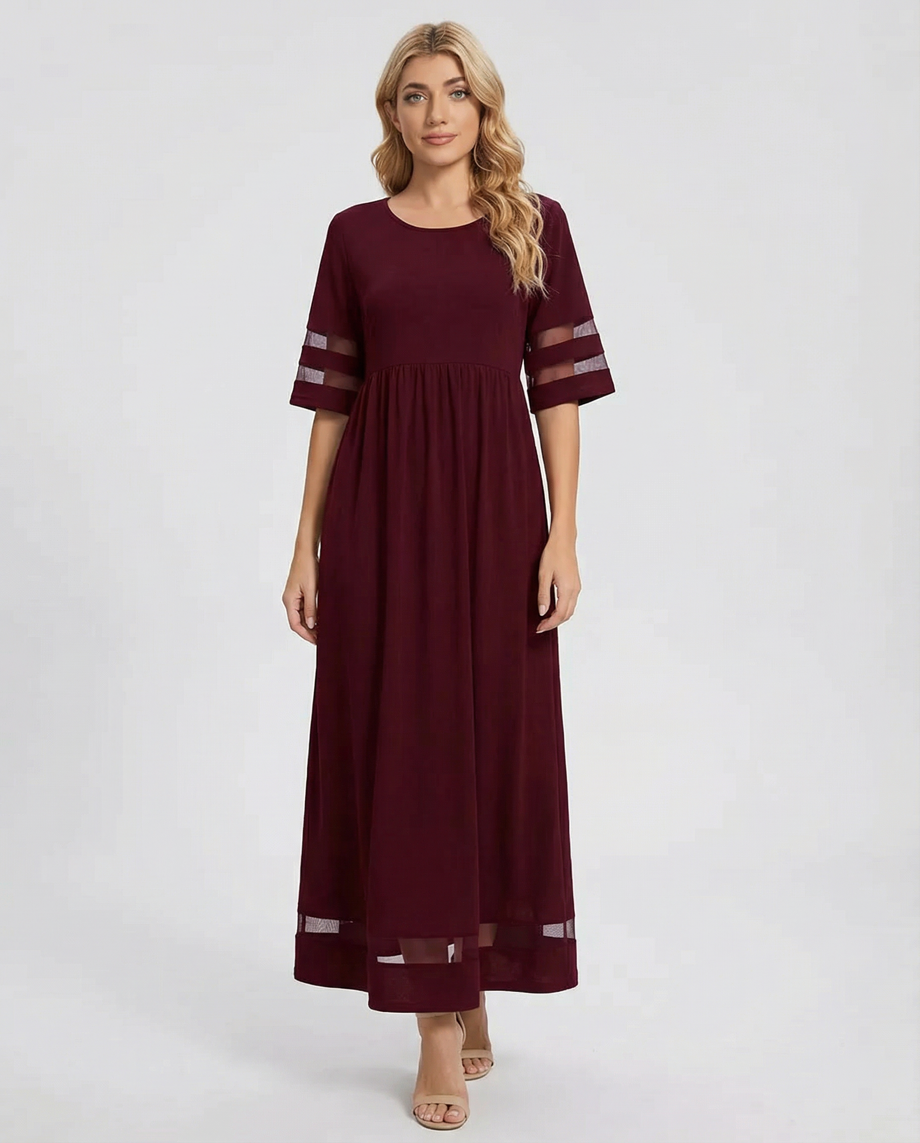 Robe midi femme avec col rond et manches mi-longues-Maxi Dress-Gigié
